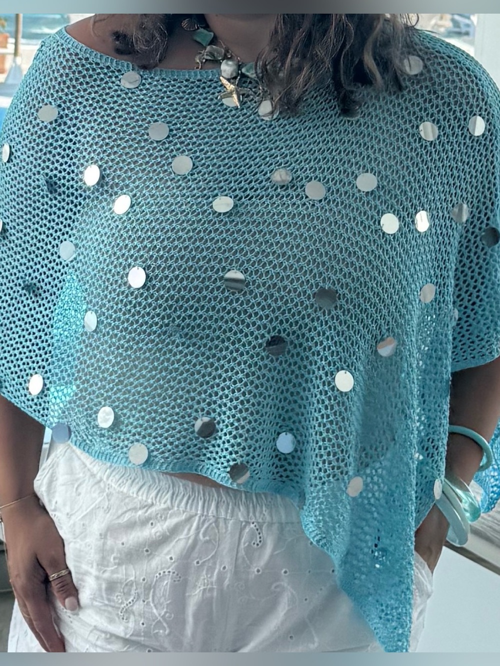 Light Blue Sequin Knit Women's Sweater Top